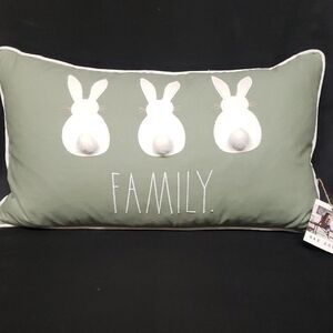 Rae Dunn NWT Sage Green "FAMILY" Pillow with Appliqued Cream Bunnies